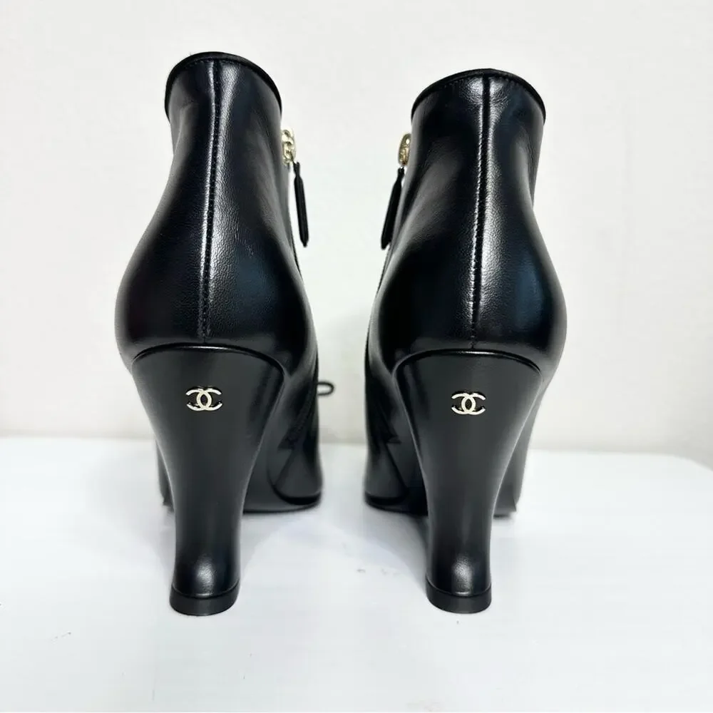 CHANEL Black Ankle Boots Size 37 CC Logo Bow Accent